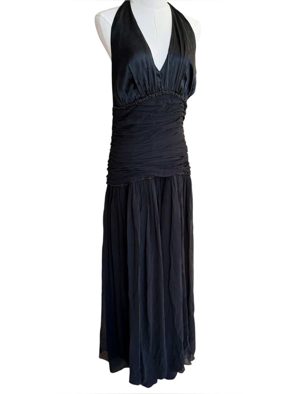 Vintage 100% Silk Drop Waist Halter Beaded Evening Gown Art deco